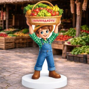 РЕКЛАМНА ФИГУРА НА МОМЧЕ С КОШНИЦА С ПЛОДОВЕ И ЗЕЛЕНЧУЦИ