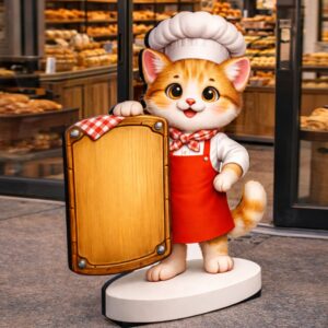 РЕКЛАМНА ФИГУРА НА КОТЕ ГОТВАЧ С ТАБЕЛА