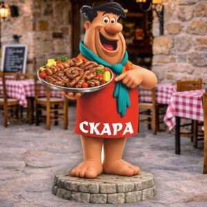 РЕКЛАМНА ФИГУРА - ФРЕД ФЛИНСТОУН С ПОДНОС С МЕСО НА СКАРА