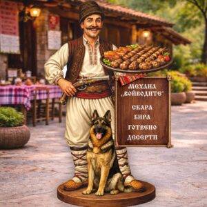 РЕКЛАМНА ФИГУРА - МЪЖ С НОСИЯ И ПОДНОС С МЕСО НА СКАРА