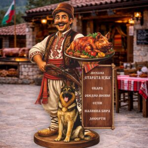 РЕКЛАМНА ФИГУРА - МЪЖ В НОСИЯ С ПОДНОС С ПЕЧЕНО ПРАСЕНЦЕ