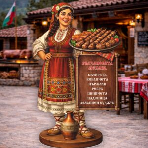 РЕКЛАМНА ФИГУРА - ЖЕНА С НАРОДНА НОСИЯ, ПОДНОС С МЕСО И ТАБЕЛА