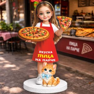 РЕКЛАМНА ФИГУРА - МОМИЧЕ С ПИЦА И МАЛКО КОТЕ