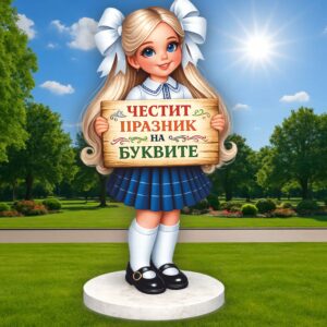 Фигура - МОМИЧЕ С ДЪРВЕНА ТАБЕЛА И НАДПИС "ЧЕСТИТ ПРАЗНИК НА БУКВИТЕ"