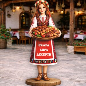 РЕКЛАМНА ФИГУРА- ЖЕНА В НАРОДНА НОСИЯ С ПОДНОС С МЕСО