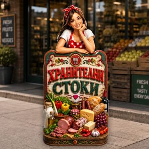 РЕКЛАМНА ФИГУРА - МОМИЧЕ С ТАБЕЛА ЗА МАГАЗИН ХРАНИТЕЛНИ СТОКИ