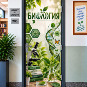 Стикер за Врата по Биология – Микроскоп и Растения, Модел 2