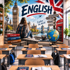 Фототапет за Стена по Английски Език – Надпис English и Глобус, Модел 1