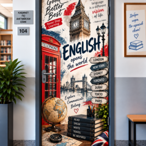 Стикер за Врата по Английски Език – English с Глобус и Биг Бен, Модел 1