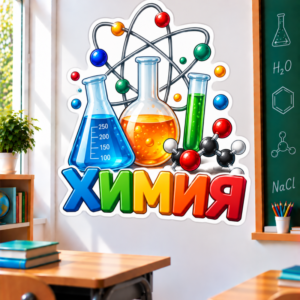 Стикер за Стена по Химия - Надпис ХИМИЯ и Епруветки, Модел 5